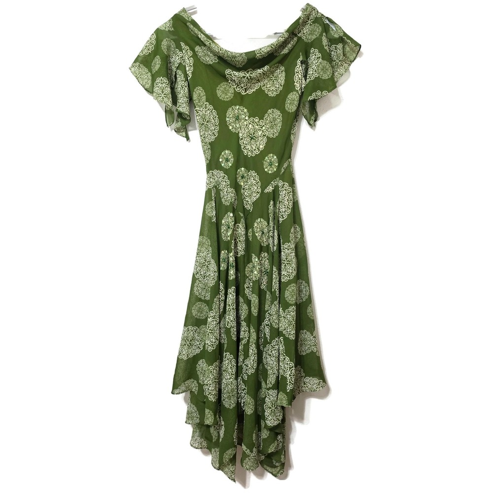 Y2K Fairycore Dress Flutter Sleeve Robbie Bee Green Dress Asymmetrical Maxi sz10